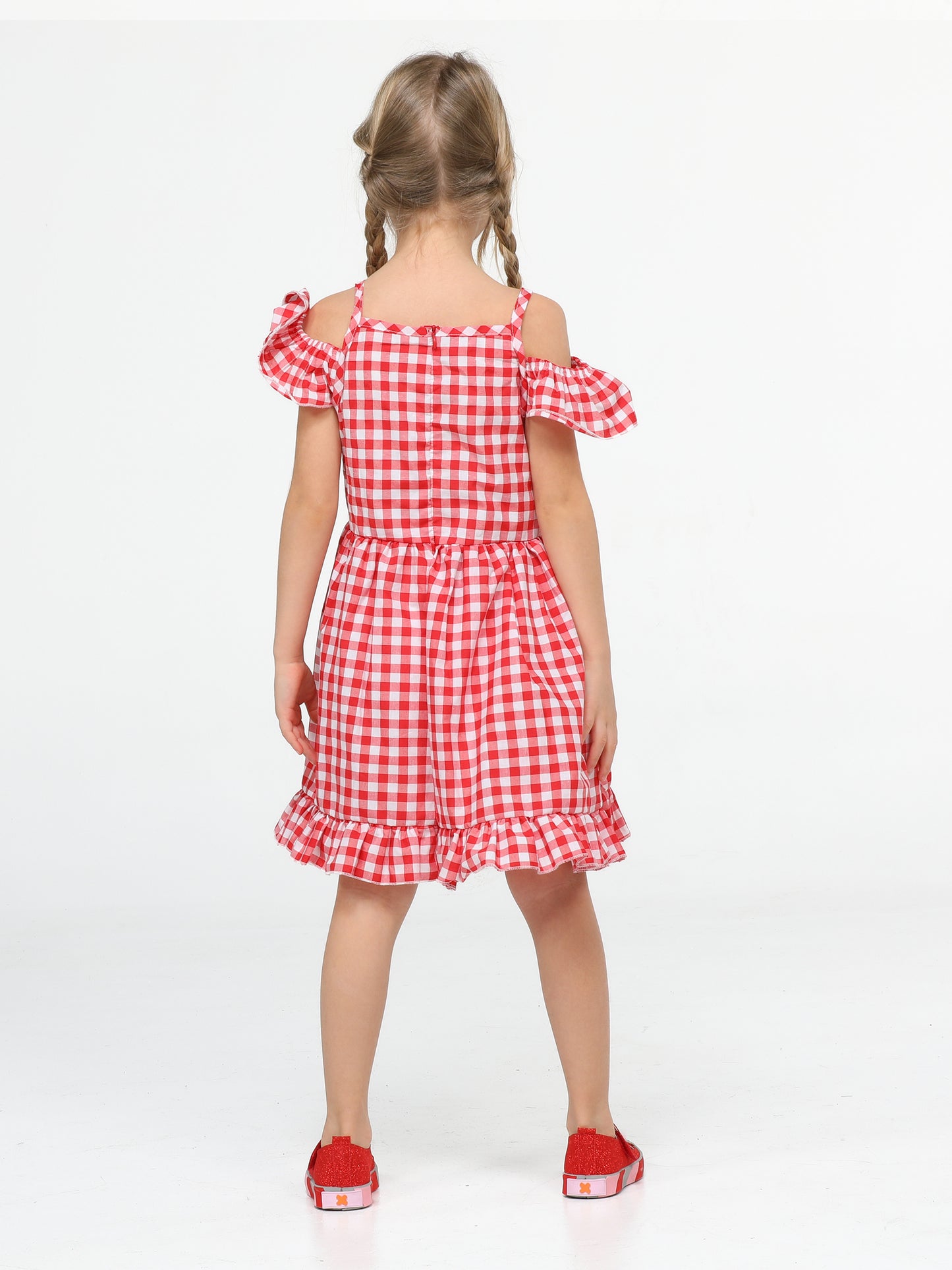 Robe Fille à Carreaux Rouges – Bretelles Volants & Chat Brodé (3–10 Ans)