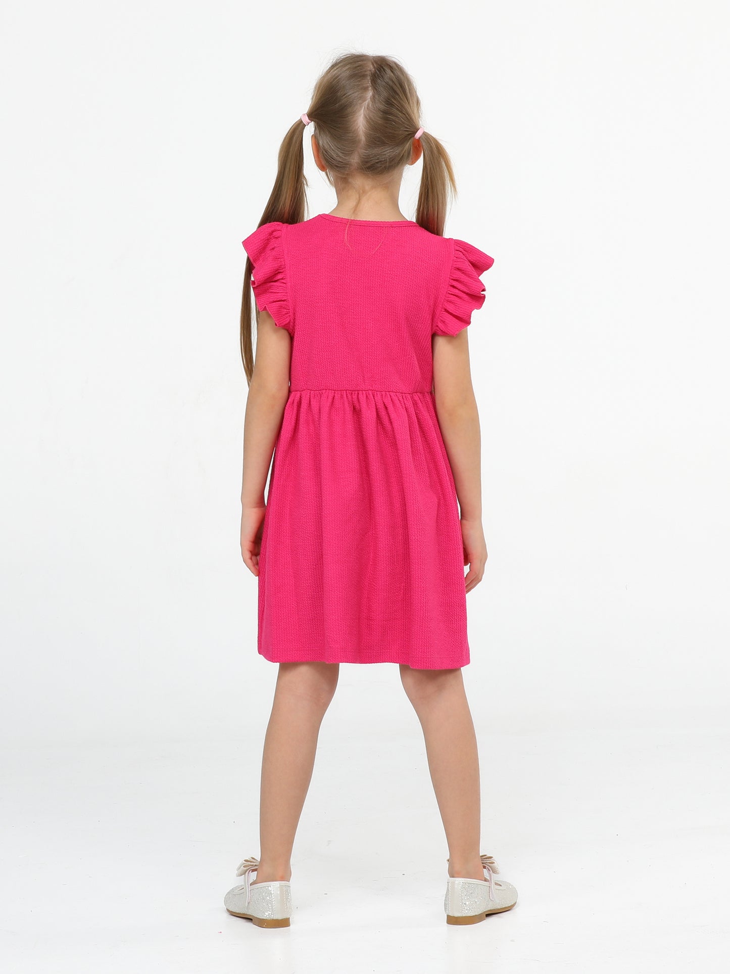 Robe Fille Sans Manches Fuchsia – Volants aux Épaules & Fleurs Amovibles (3–10 Ans)