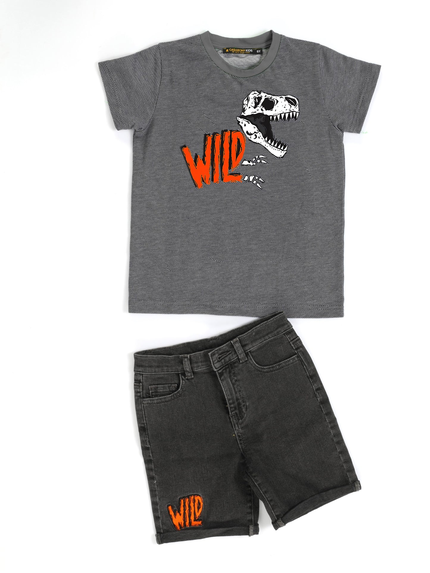 Ensemble Garçon T-Shirt Gris Dino + Short Denim Anthracite "Wild" (3–10 Ans)