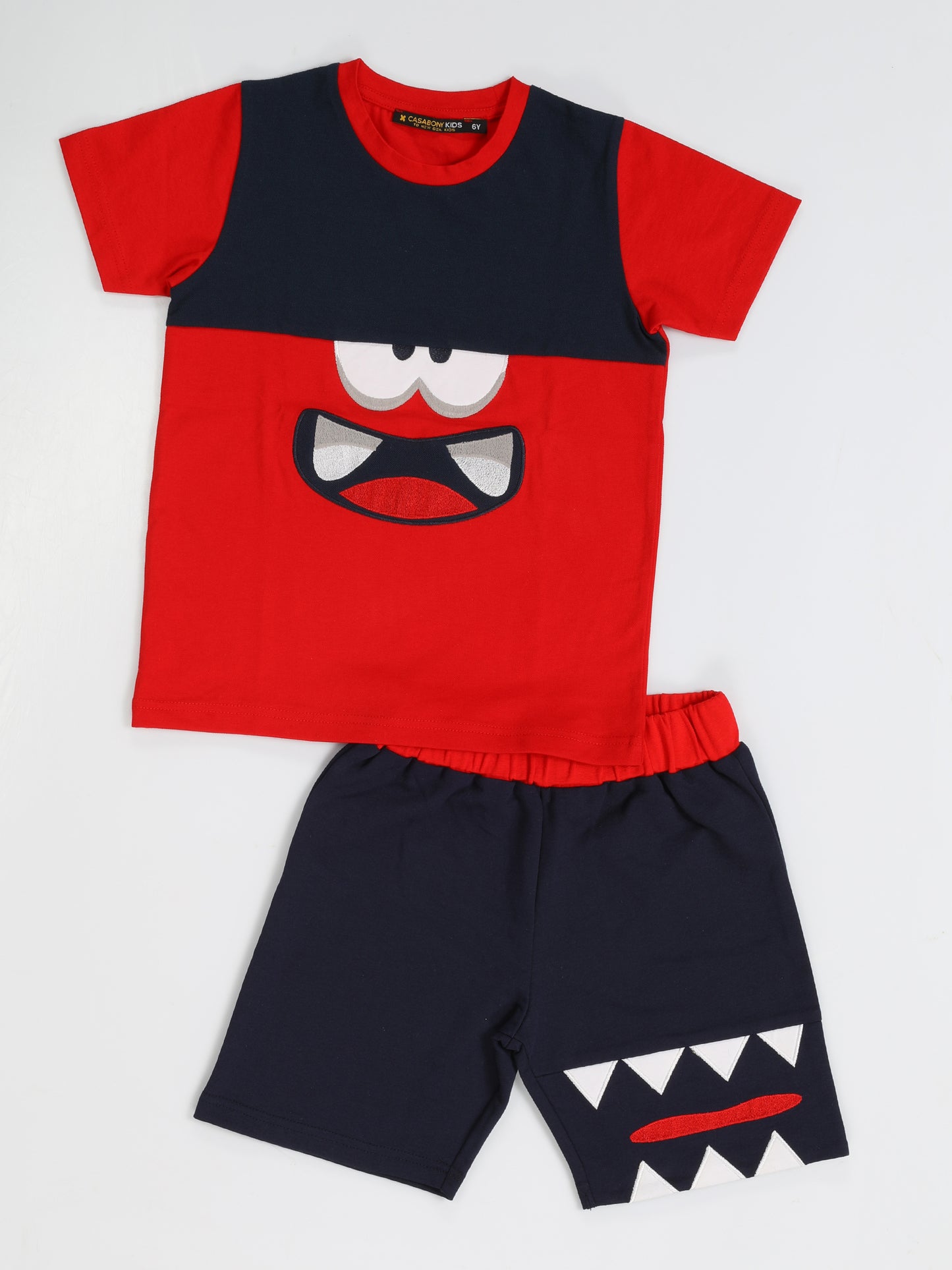 Ensemble Garçon “Monster Red” – Rouge & Bleu Marine, Motif Monstre Brodé (3–9 Ans)