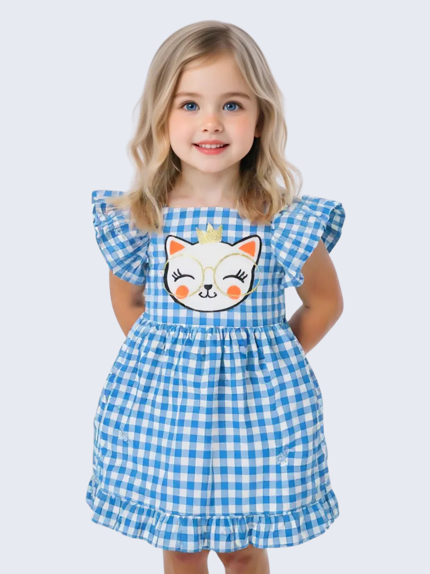 Robe à Carreaux Bleue Fille – Bretelles Volants & Chat Brodé (3–10 Ans)