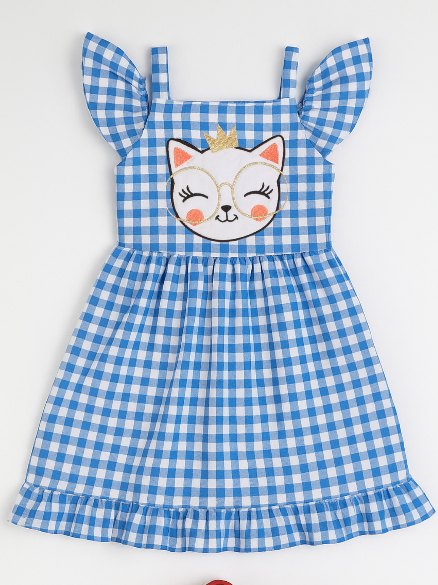 Robe à Carreaux Bleue Fille – Bretelles Volants & Chat Brodé (3–10 Ans)