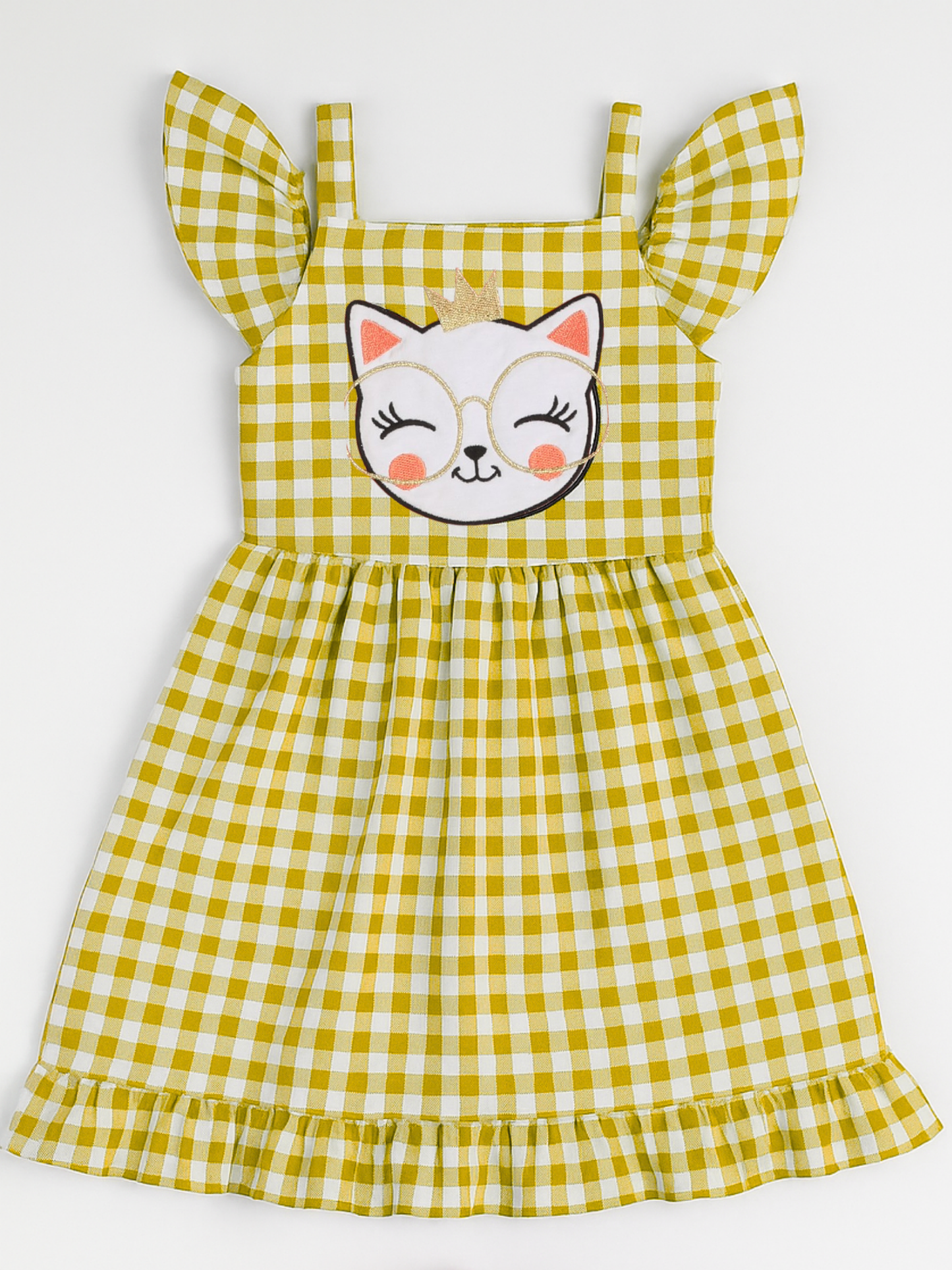 Robe Fille à Carreaux Jaune – Bretelles Volants & Chat Brodé (3–10 Ans)