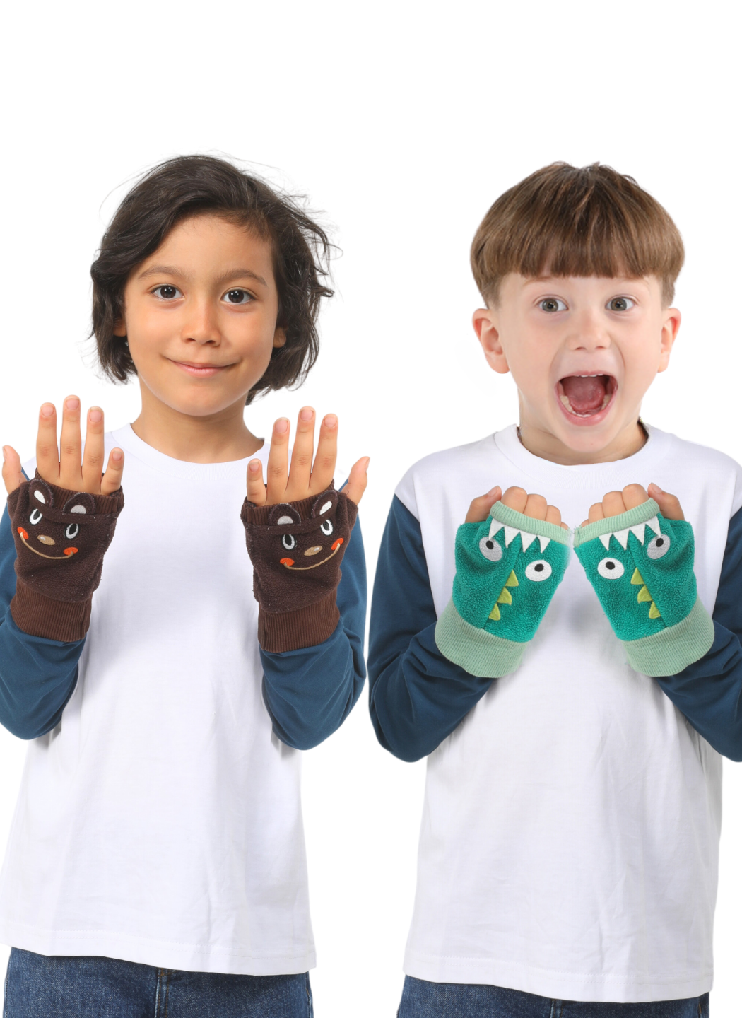 2-in-1 Dino and Bear Image Fleece Gloves – For Boys