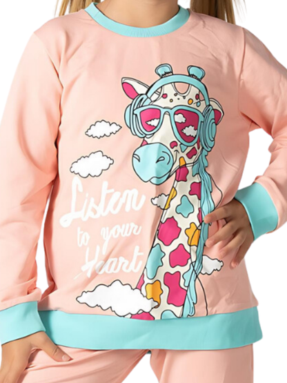 Colorful Giraffe Printed Pink Girls' Tracksuit