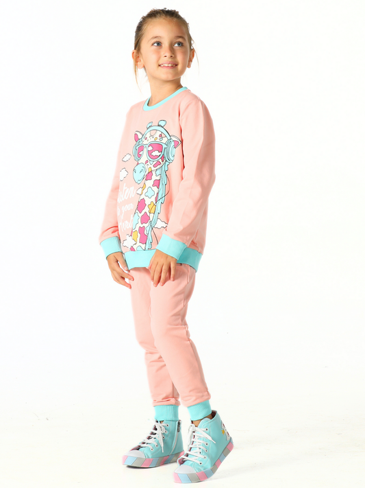 Colorful Giraffe Printed Pink Girls' Tracksuit