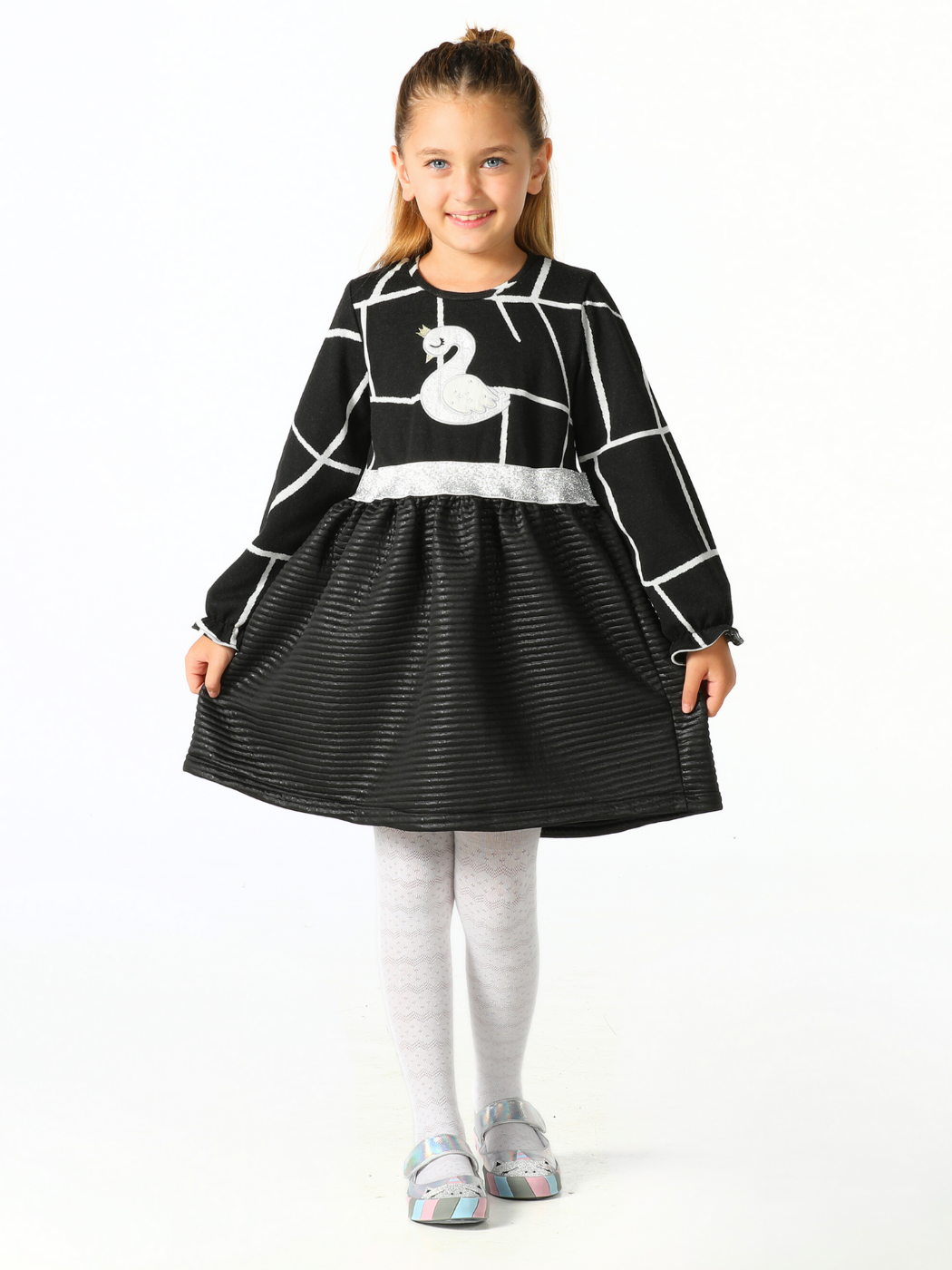 Girls' Ruffled Dress with Swan Appliqué