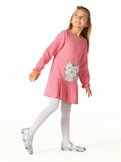 Red Plaid Girls' Dress with Cat Appliqué