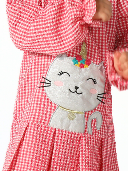 Red Plaid Girls' Dress with Cat Appliqué