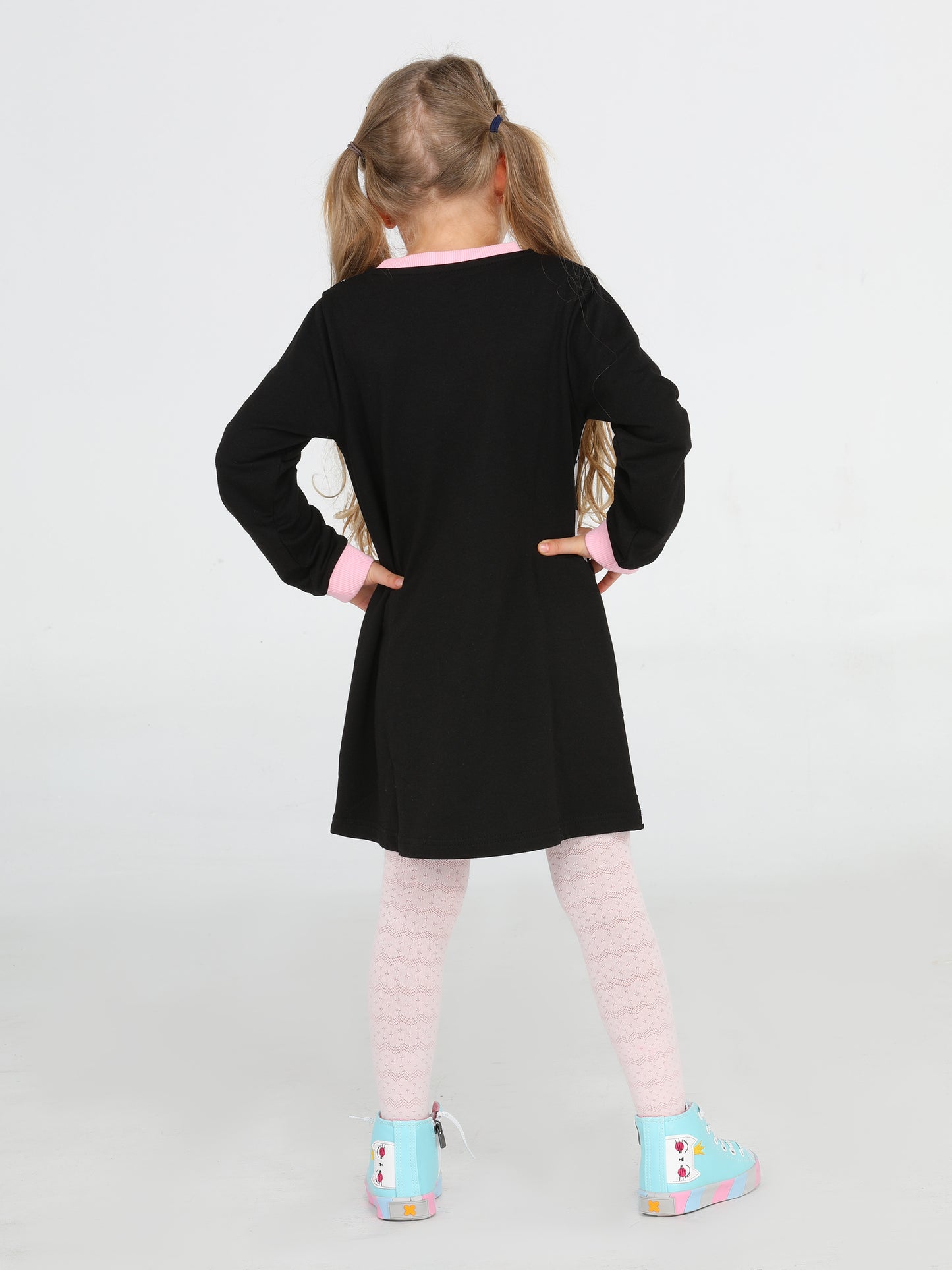 Pandas Printed Black Cotton Girl Dress