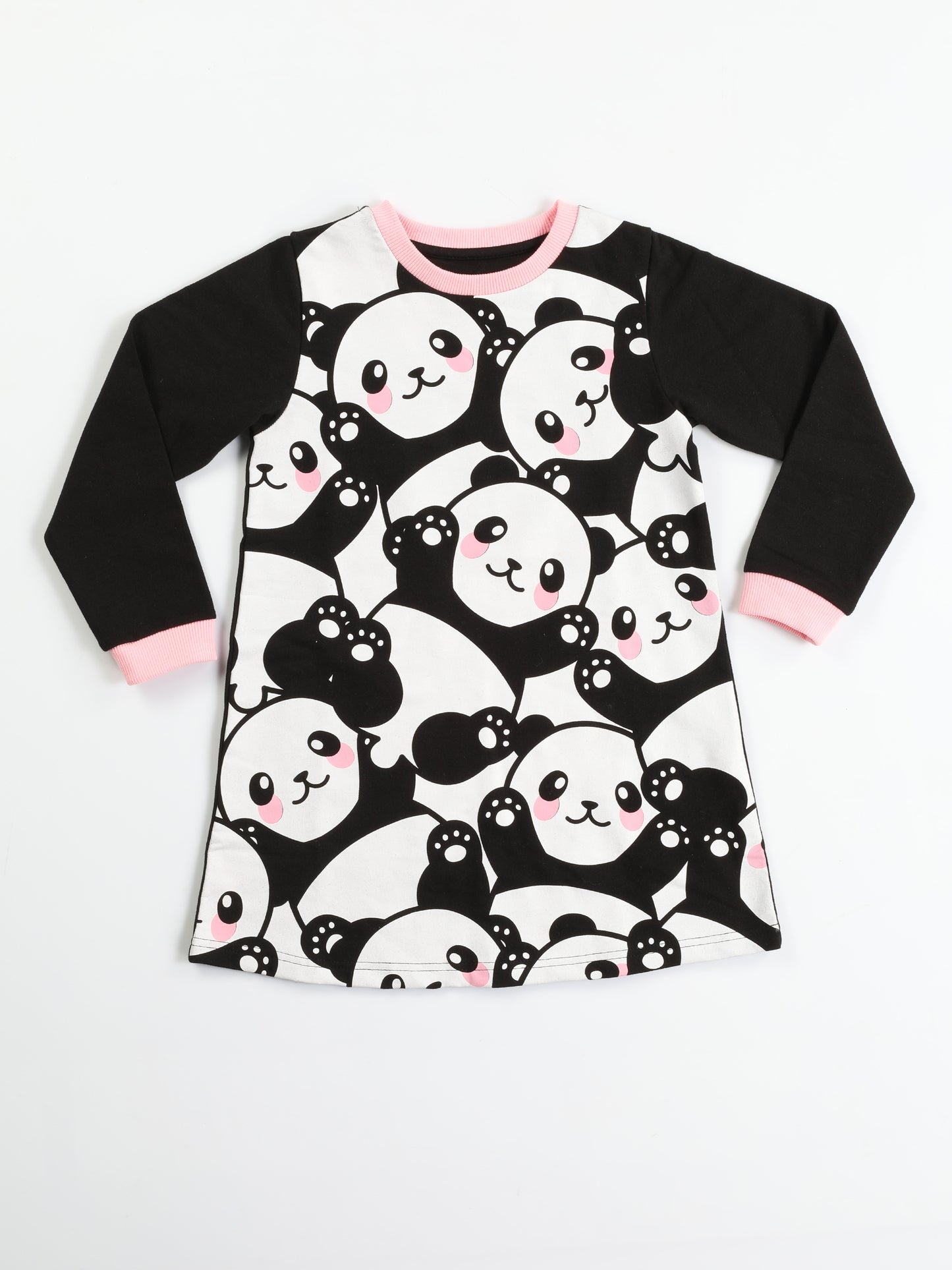 Pandas Printed Black Cotton Girl Dress