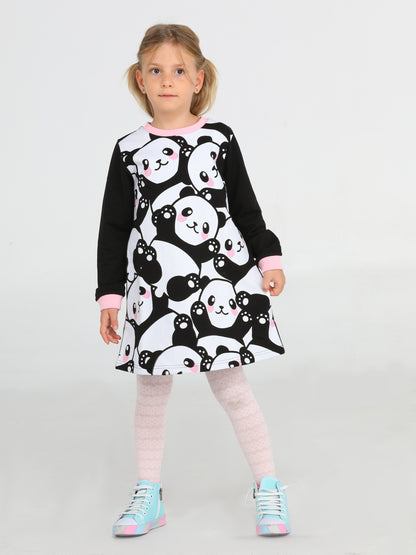 Pandas Printed Black Cotton Girl Dress