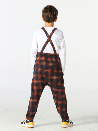 Checkered Jacquard Baggy Overalls and Bow Tie T-Shirt