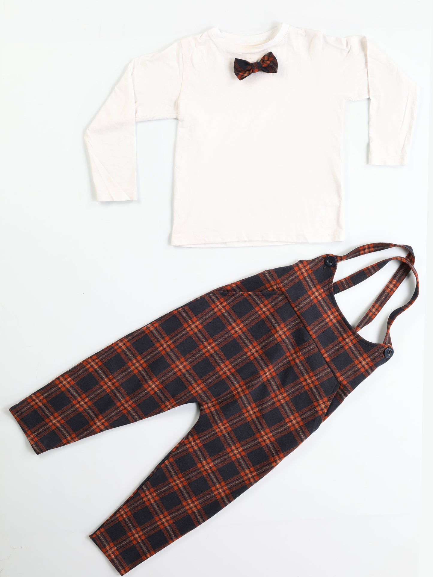 Checkered Jacquard Baggy Overalls and Bow Tie T-Shirt