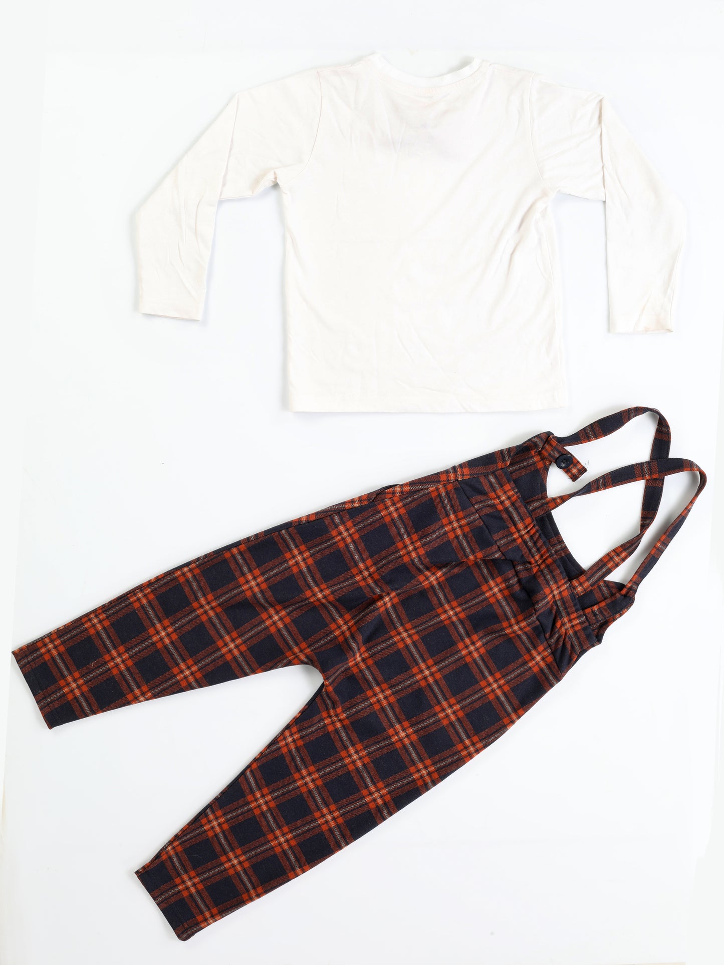 Checkered Jacquard Baggy Overalls and Bow Tie T-Shirt