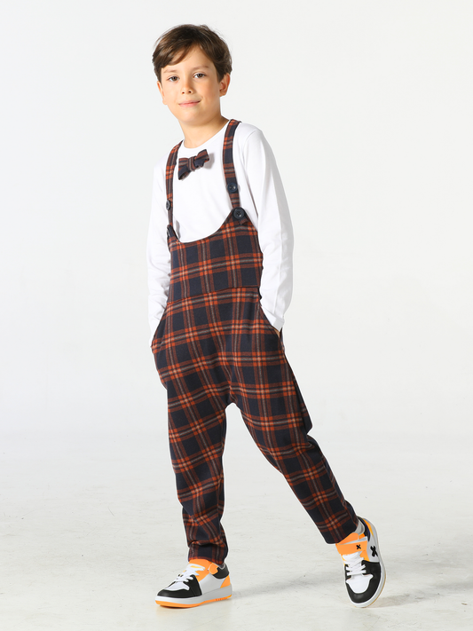 Checkered Jacquard Baggy Overalls and Bow Tie T-Shirt