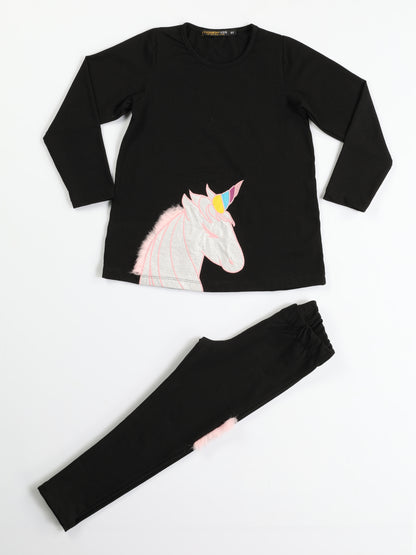 Unicorn Black 3D Embroidered Girl Tunic + Tight Set