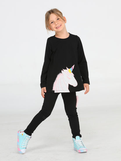 Unicorn Black 3D Embroidered Girl Tunic + Tight Set