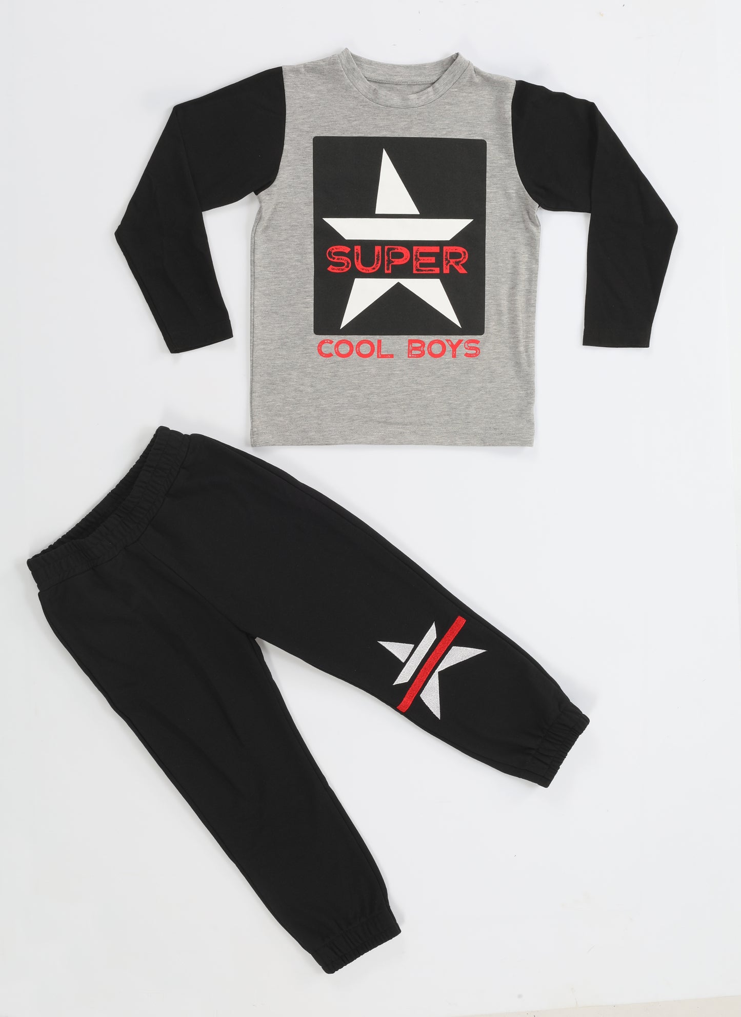 Super Star Grey Black Printed Relax Cut Pants+ Long Sleeve T-shirt Set