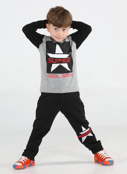 Super Star Grey Black Printed Relax Cut Pants+ Long Sleeve T-shirt Set