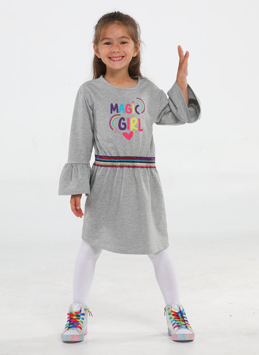 Magic Girls' Grey Melange Dress with Glitter Waistband