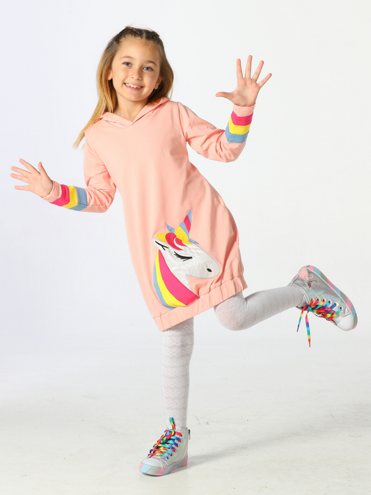 Unicorn Embroidered Pink Hoodie Girls' Dress