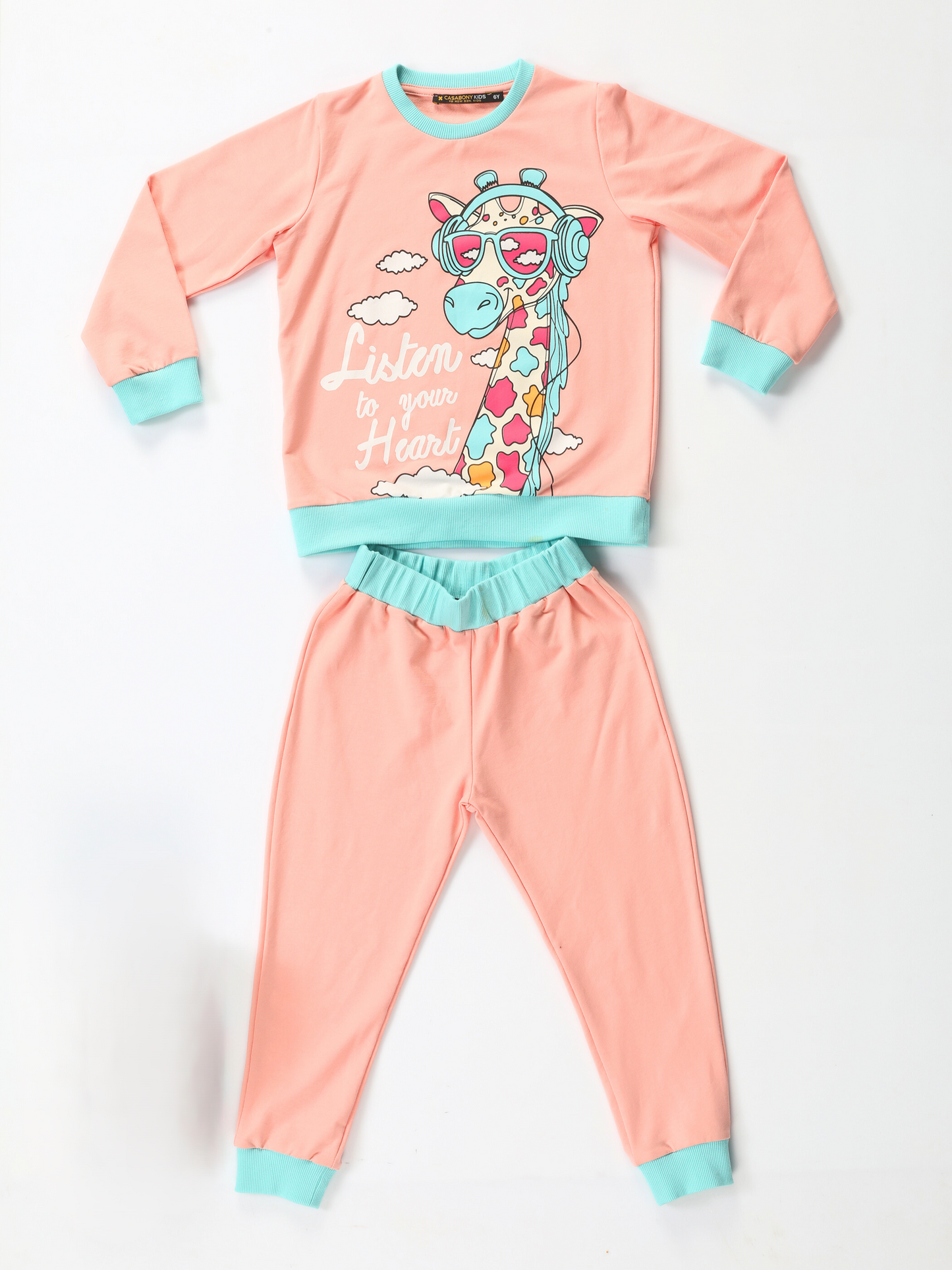 Colorful Giraffe Printed Pink Girls' Tracksuit