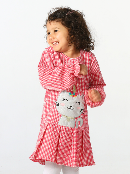 Red Plaid Girls' Dress with Cat Appliqué