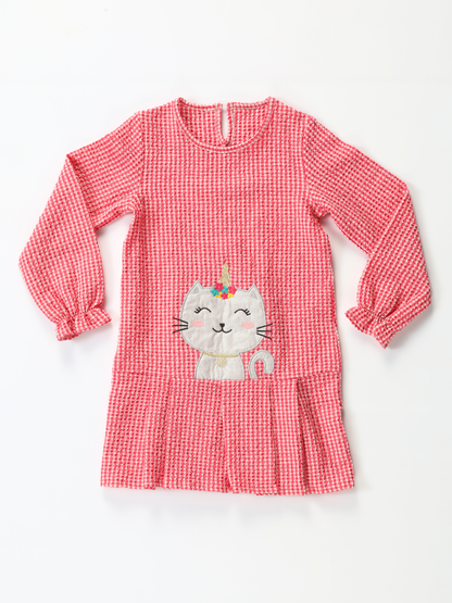 Red Plaid Girls' Dress with Cat Appliqué