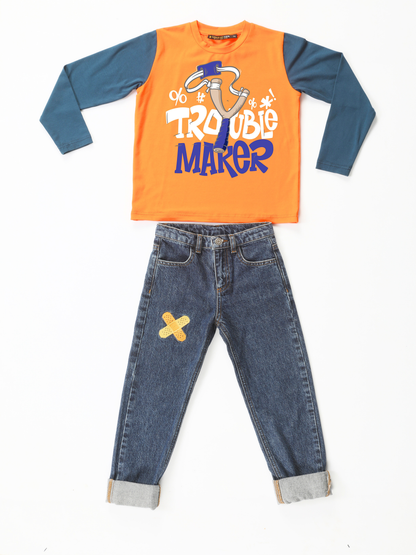 Little Trouble Embroidered Stone-Washed Denim Pants and Printed Long-Sleeve T-Shirt