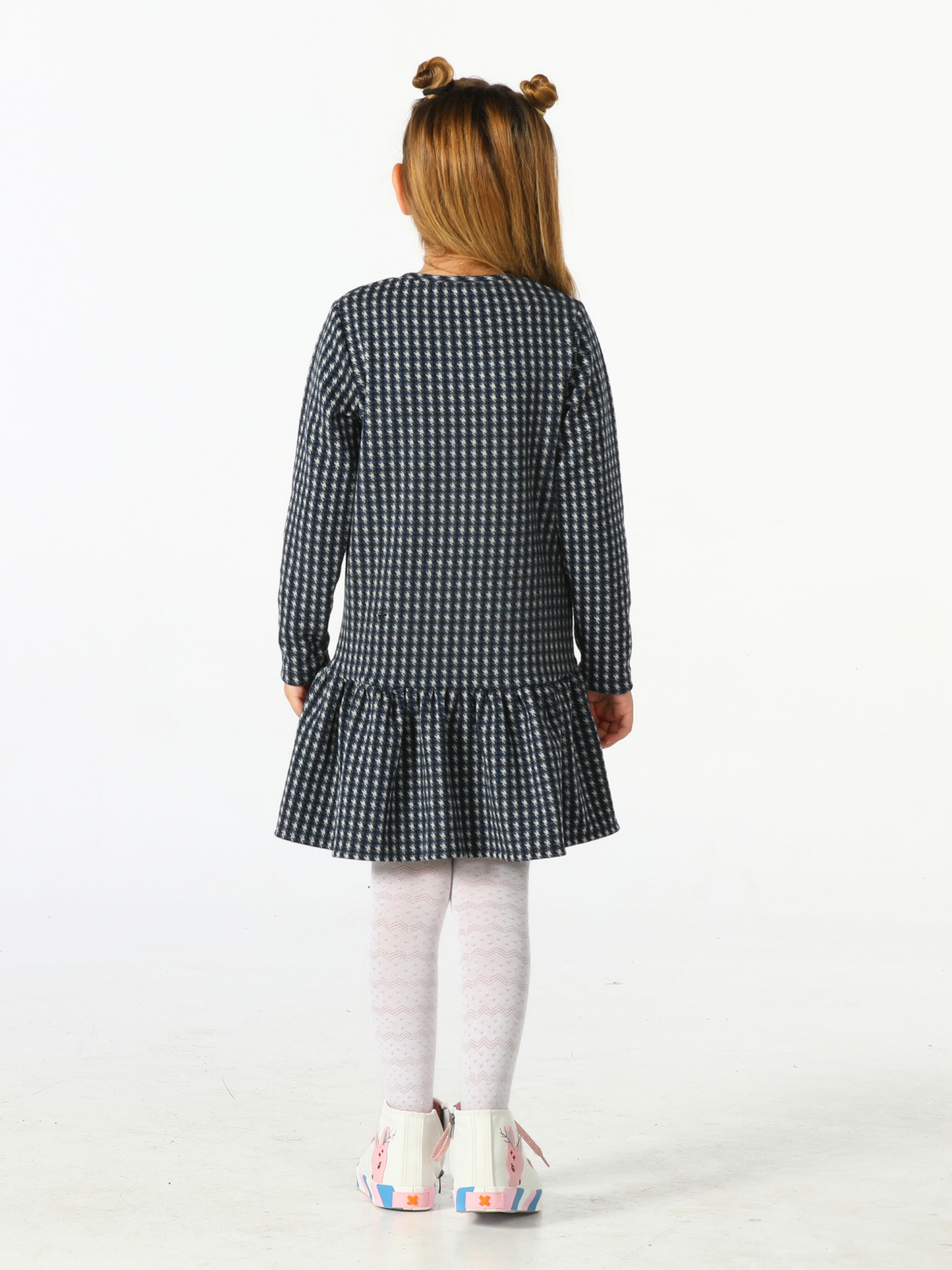 Girls' Frilled Plaid Dress with Fawn Embroidery