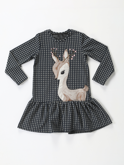 Girls' Frilled Plaid Dress with Fawn Embroidery