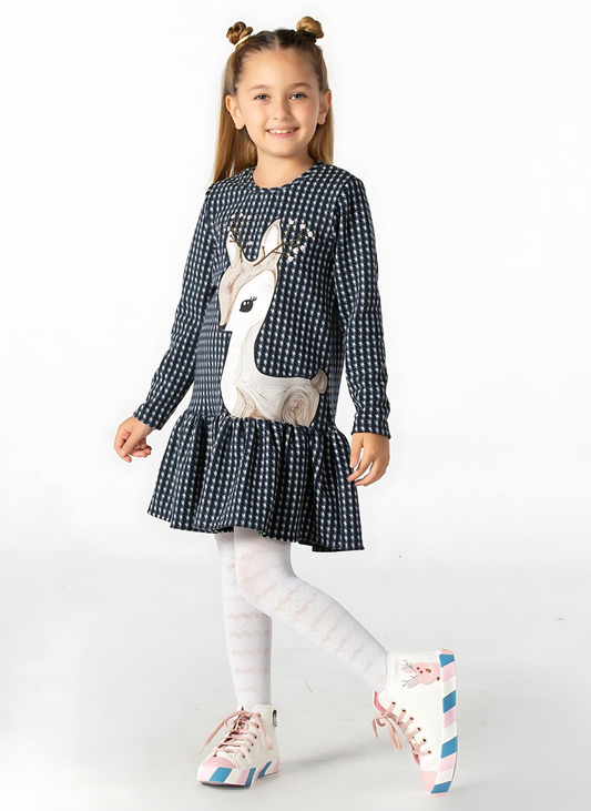 Girls' Frilled Plaid Dress with Fawn Embroidery