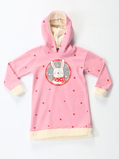 Bunny Heart Print Hoodie Dress – For Girls