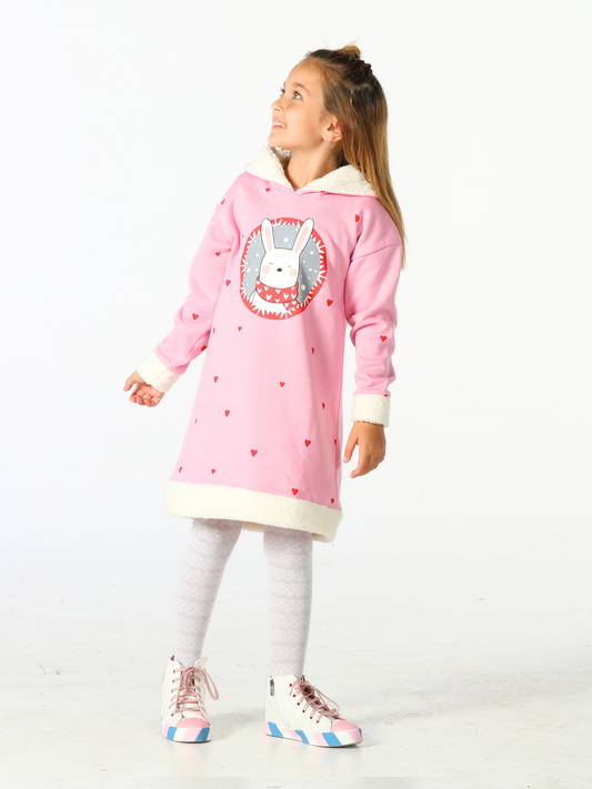 Bunny Heart Print Hoodie Dress – For Girls