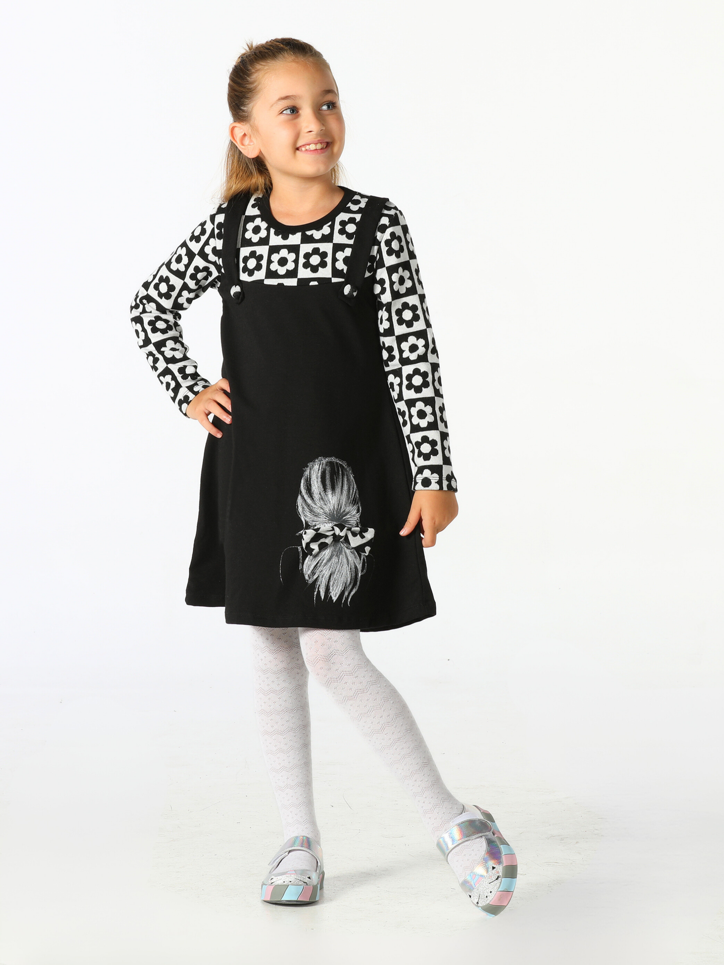 3d Buckle Black Cotton Girls' Dress