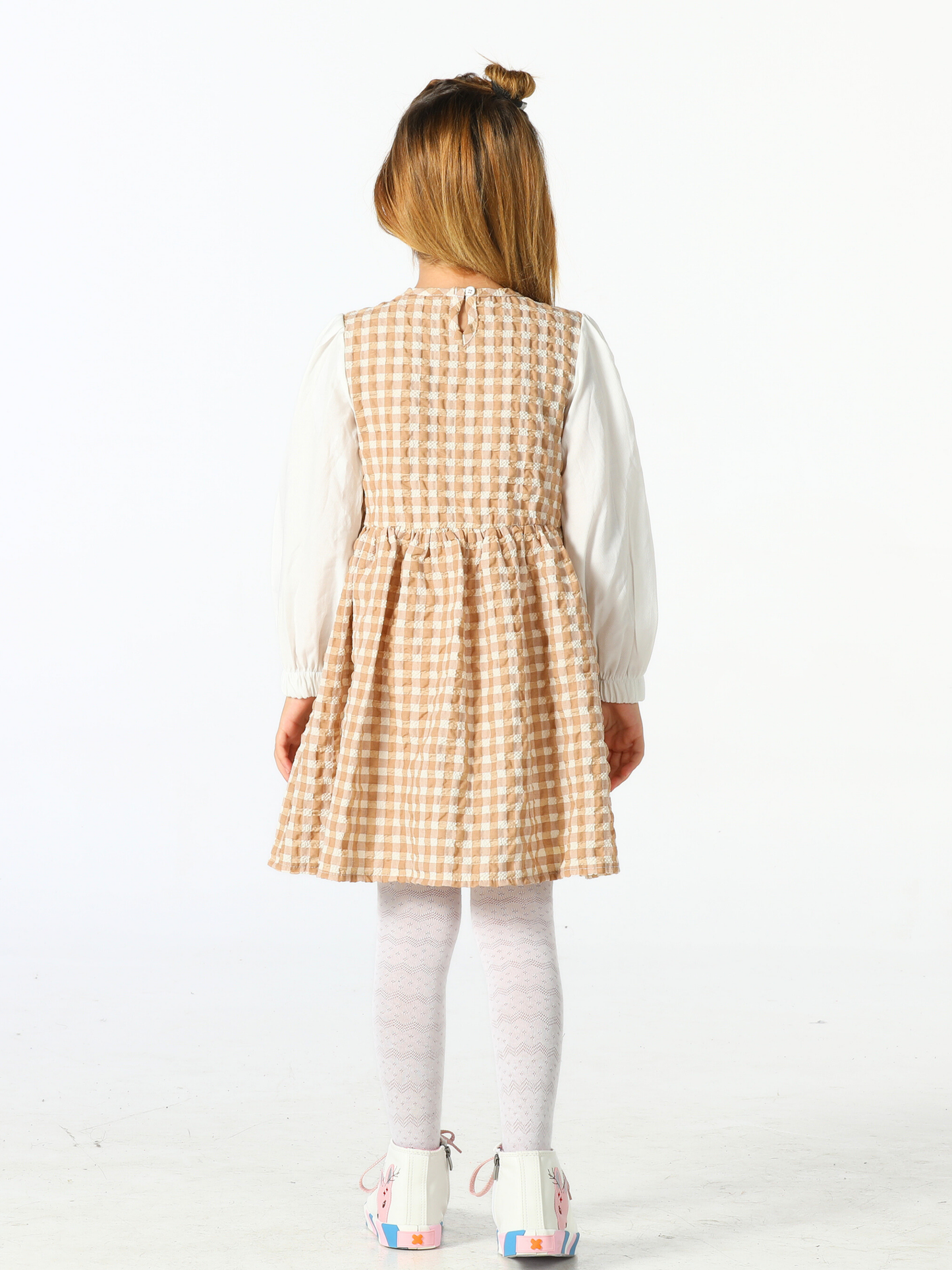 Beige Checkered Ruffle Dress with 3D Embroidery