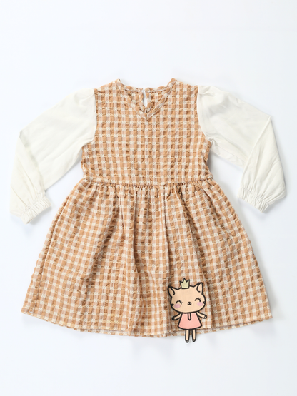 Beige Checkered Ruffle Dress with 3D Embroidery