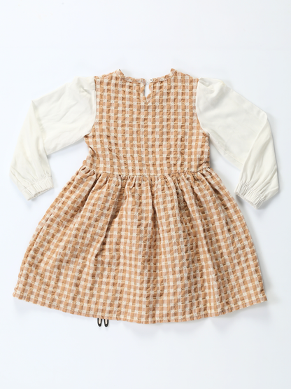 Beige Checkered Ruffle Dress with 3D Embroidery