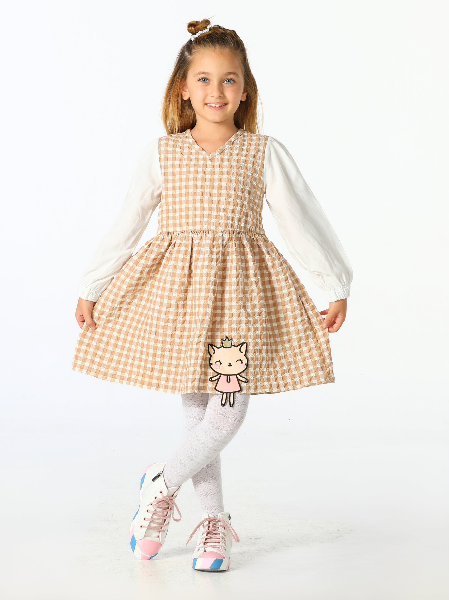 Beige Checkered Ruffle Dress with 3D Embroidery