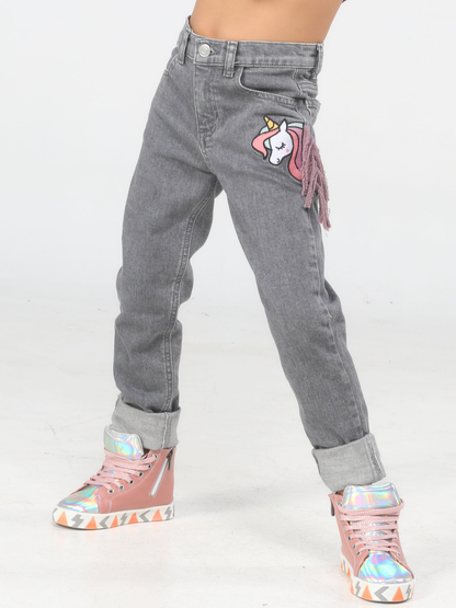 Girls' Stone-Washed Unicorn Grey Denim Jeans