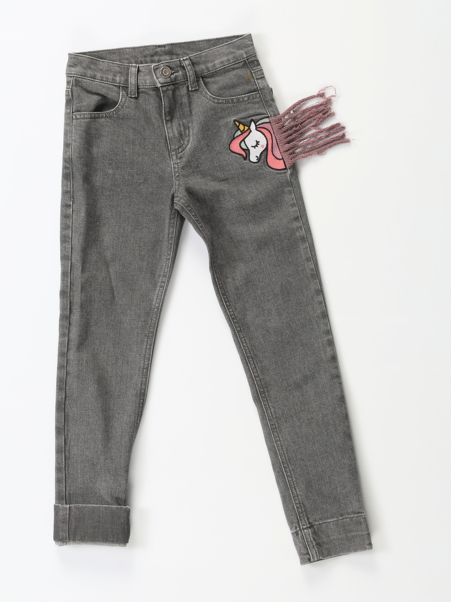 Girls' Stone-Washed Unicorn Grey Denim Jeans