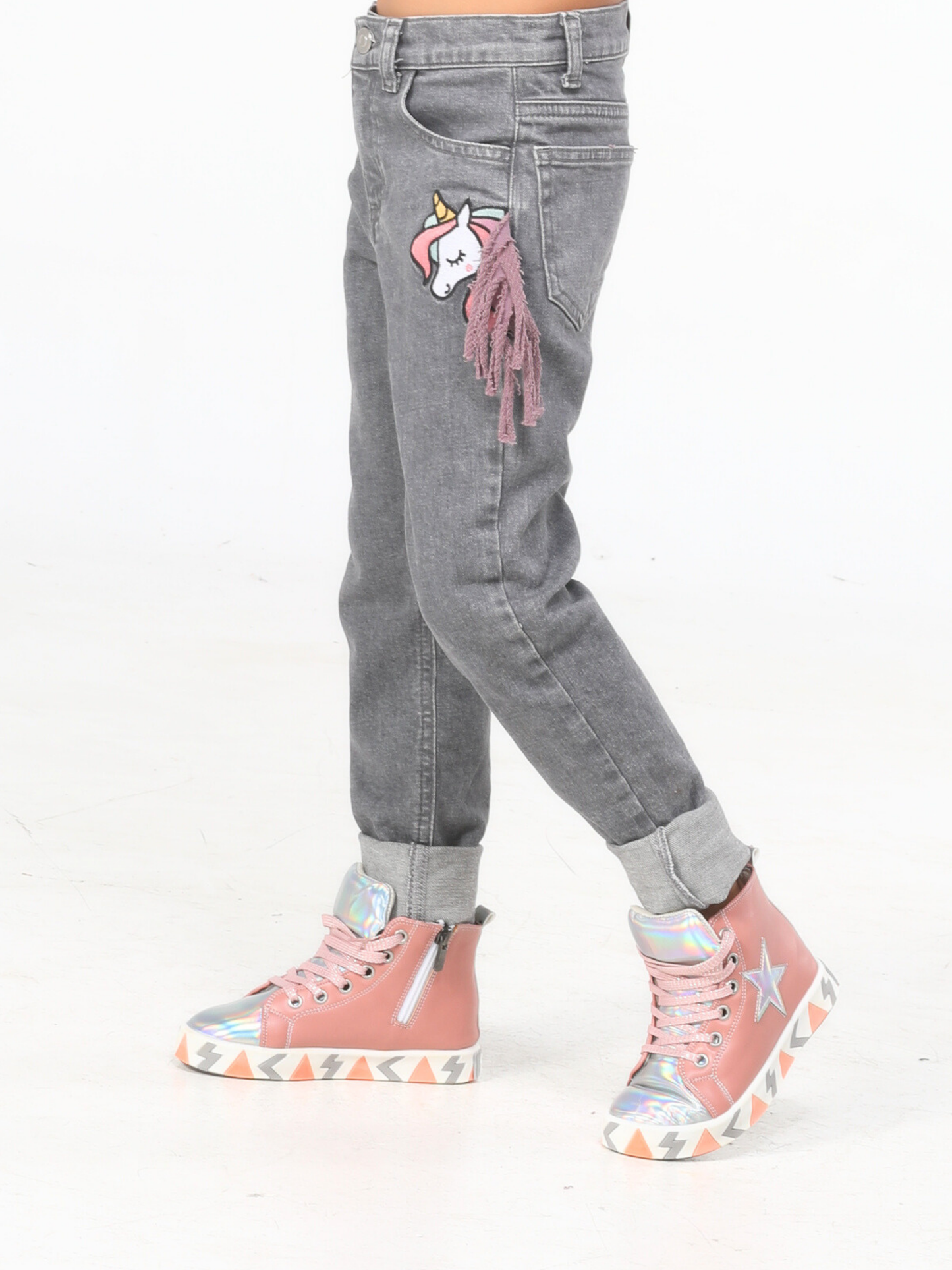 Girls' Stone-Washed Unicorn Grey Denim Jeans