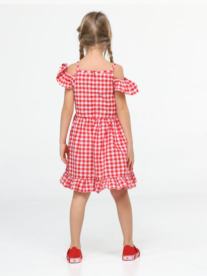 Robe Fille à Carreaux Rouges – Bretelles Volants & Chat Brodé (3–10 Ans)