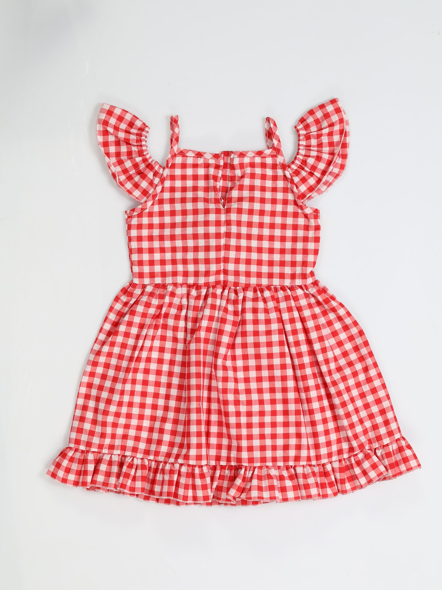Robe Fille à Carreaux Rouges – Bretelles Volants & Chat Brodé (3–10 Ans)