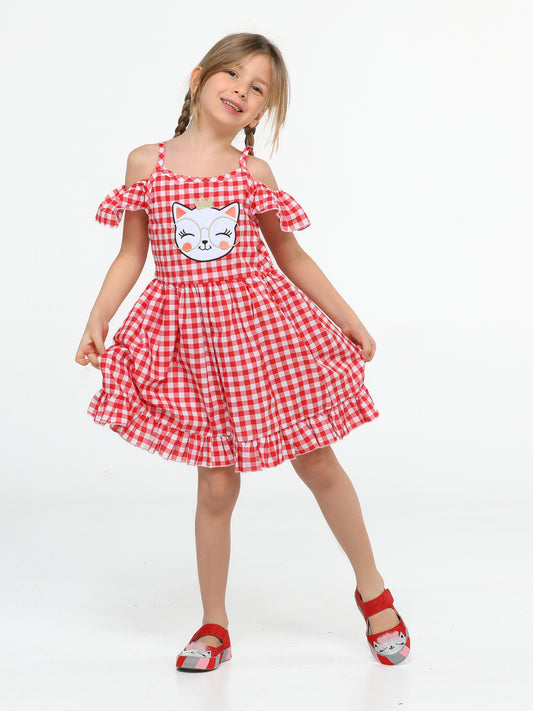 Robe Fille à Carreaux Rouges – Bretelles Volants & Chat Brodé (3–10 Ans)