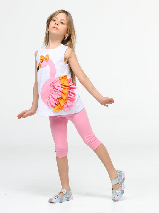 Ensemble Fille – Tunique et Legging Volants Flamant Rose