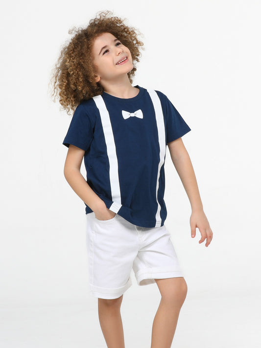 Ensemble Garçon – T-shirt Indigo avec Nœud Papillon et Short en Jean Blanc