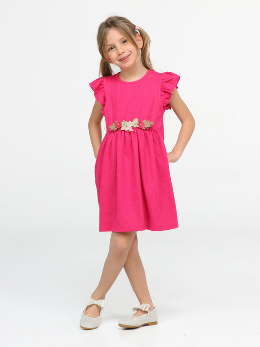 Robe Fille Sans Manches Fuchsia – Volants aux Épaules & Fleurs Amovibles (3–10 Ans)