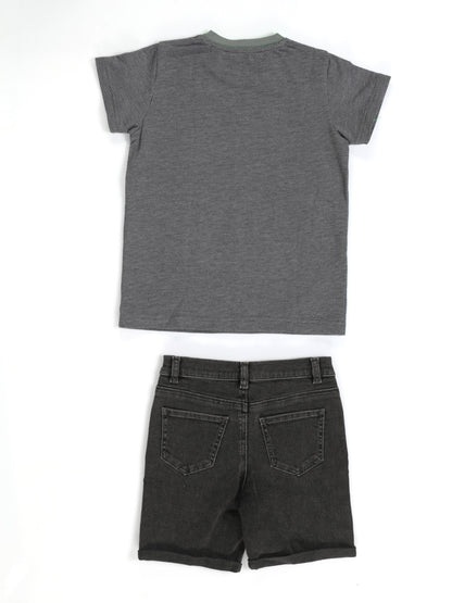 Ensemble Garçon T-Shirt Gris Dino + Short Denim Anthracite "Wild" (3–10 Ans)